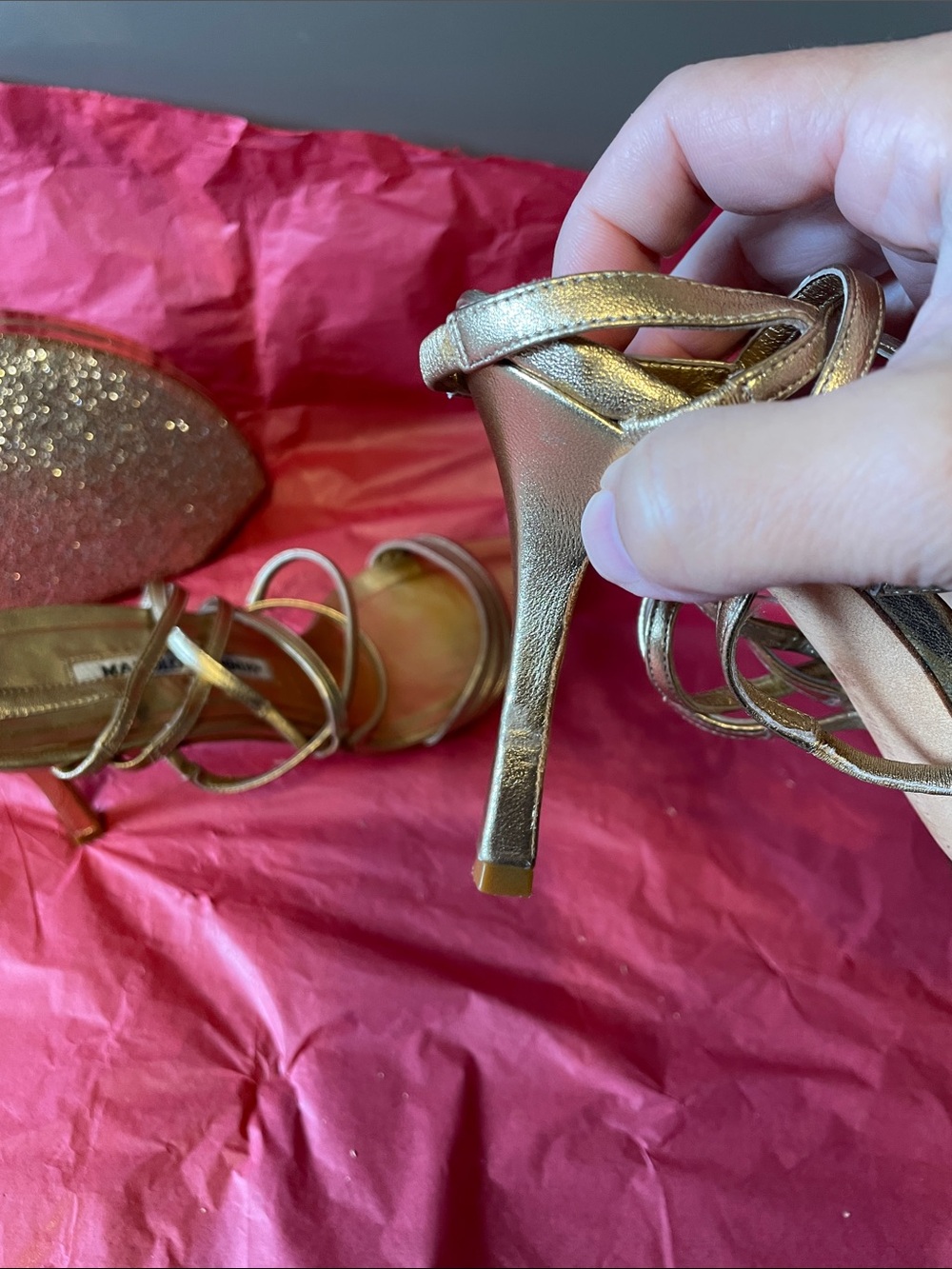 Manolo Blahnik Metallic Gold Multi-Strap Heeled Sandals - bonus cute gold clutch - Picture 9 of 14